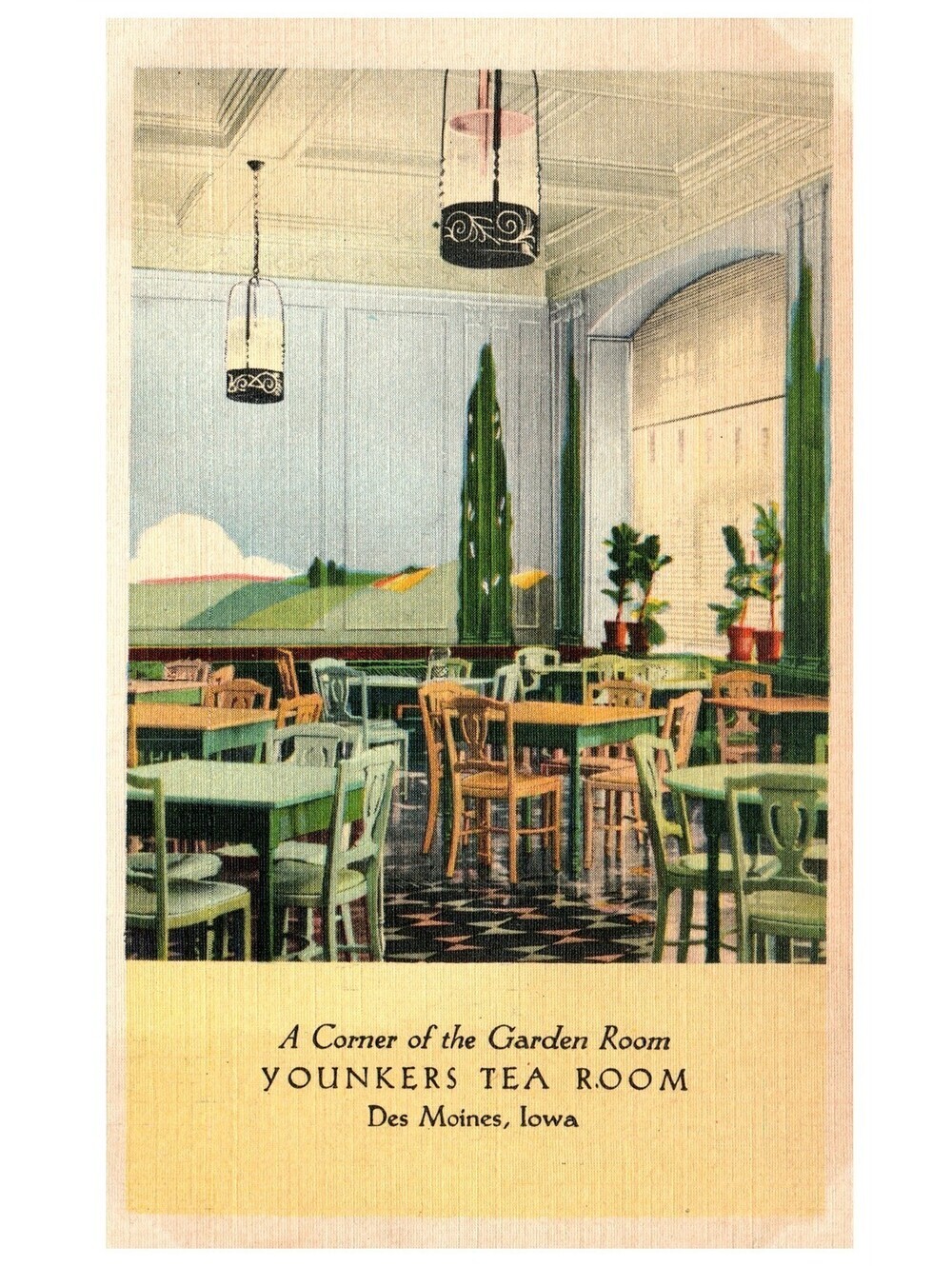 Vintage Postcard 1942 Younkers Tea Room Garden Room Des Moines Iowa